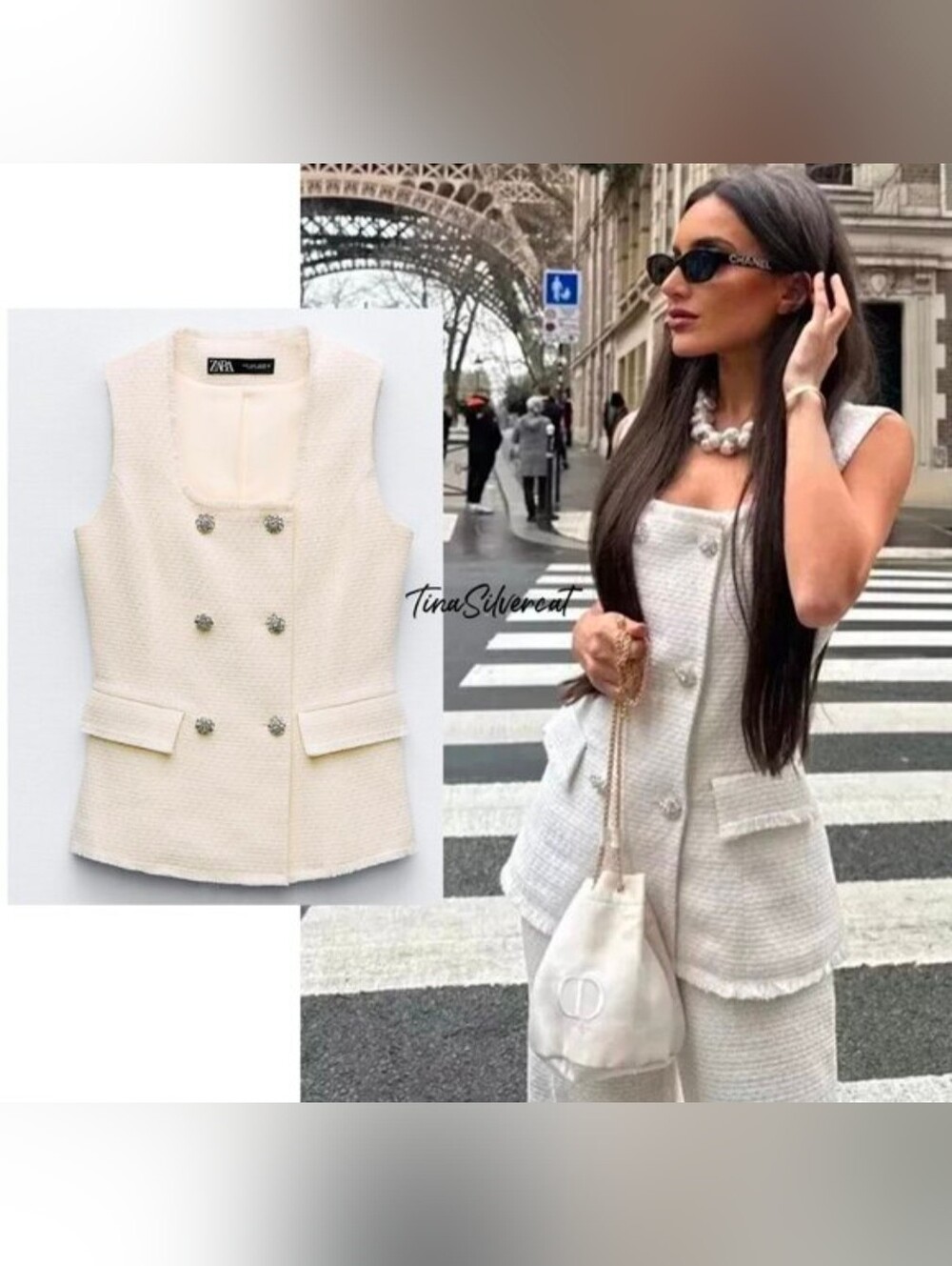 Zara Metallic Tweed Double-Breasted Ivory Vest, Small